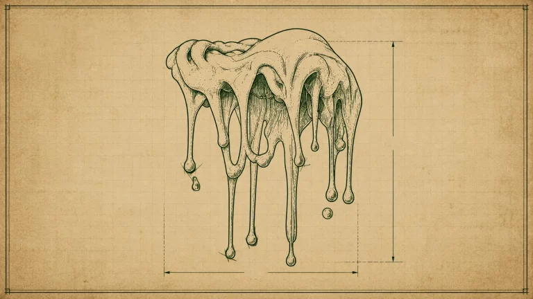 Ilustración tipo blueprint de una sustancia pegajosa goteando, metáfora visual del botón 'sticky' en la ficha de producto de un ecommerce