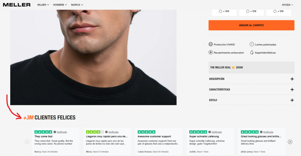 Ficha de producto de la marca de gafas Meller, con reseñas destacadas