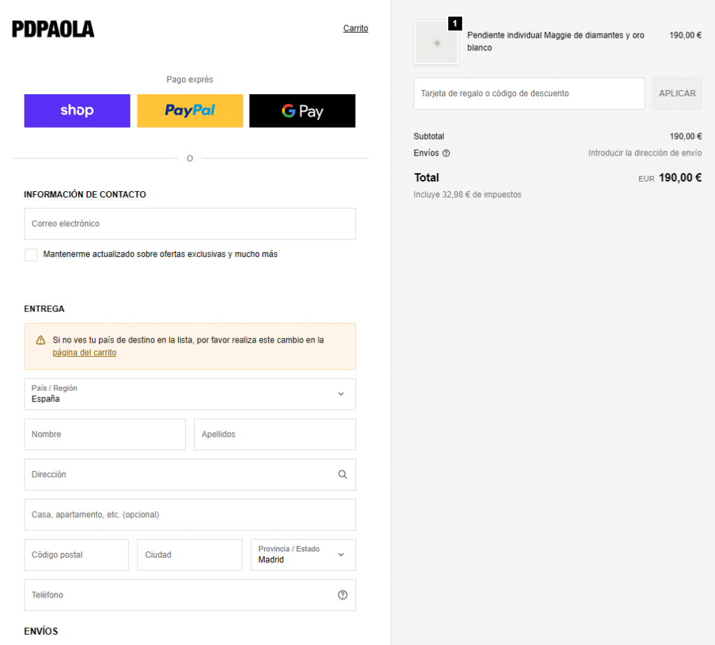 Ejemplo de checkout de Shopify
