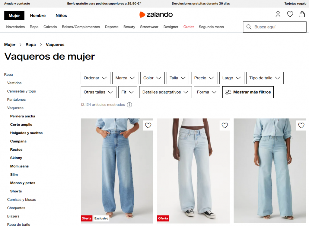 Pantallazo listado de categorias con filtros laterales y tipo botón