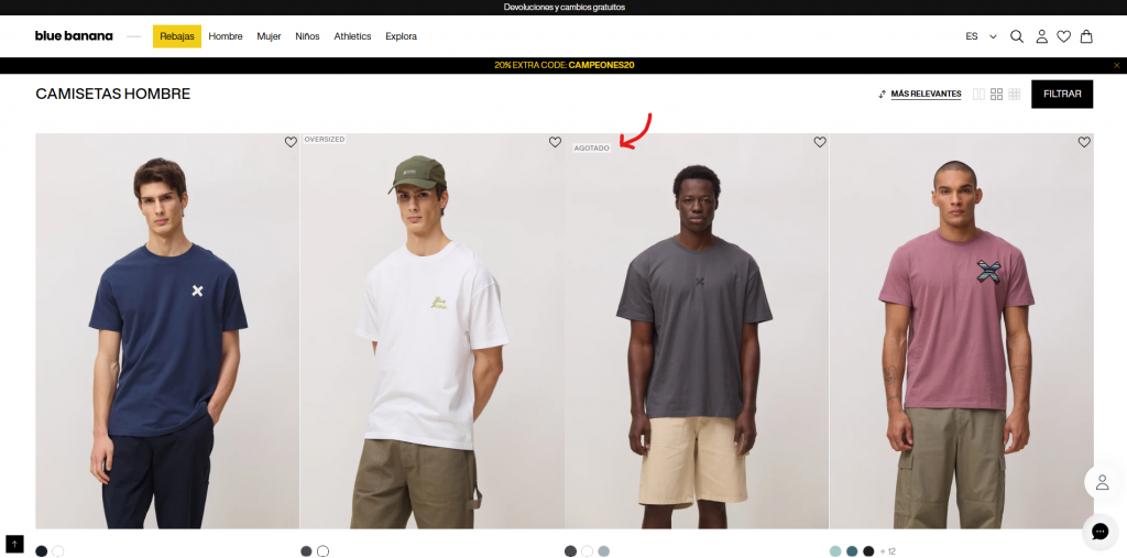 Pantallazo web blue banana con una buena gestión de productos agotados en ecommerce