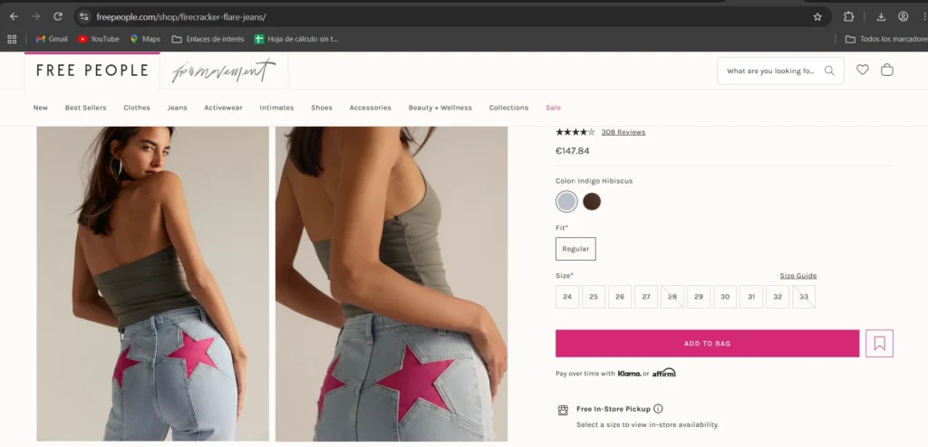 pantallazo web free people, donde ser muestran las variantes de producto en su tienda online